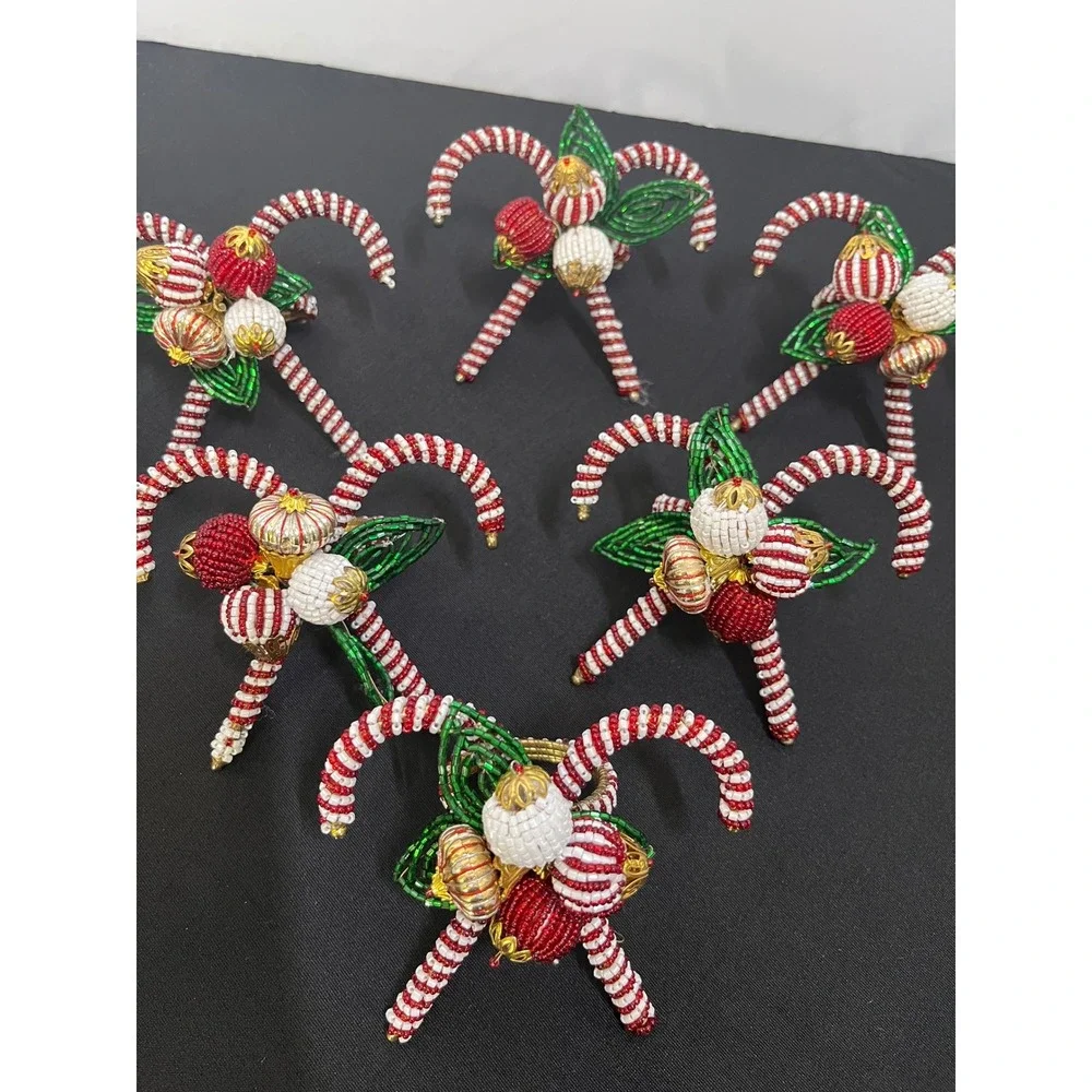 Vintage Christmas Beaded Candy Cane Napkin Rings Set of 6 Red White Green Holly